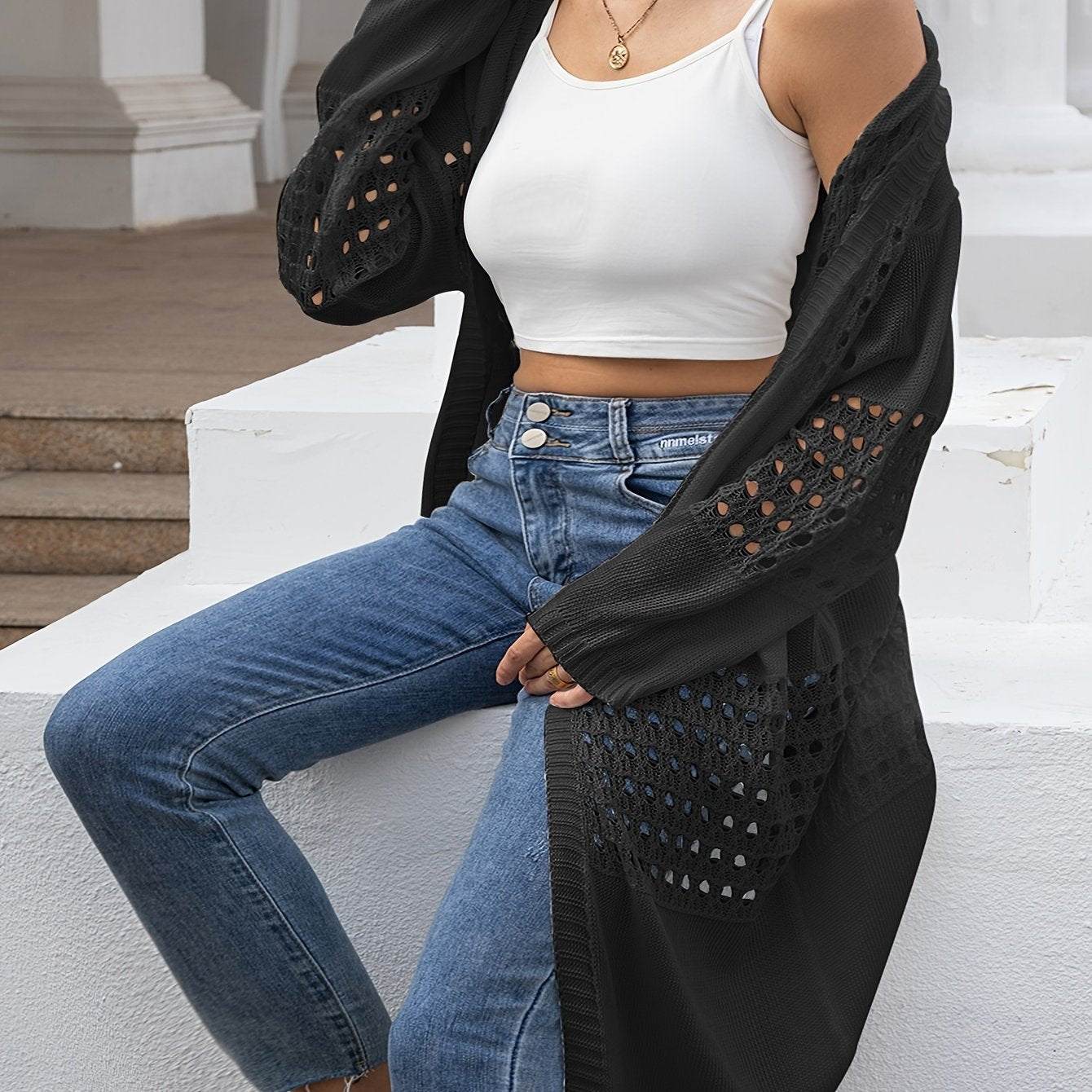 Cárdigan de punto para mujer talla grande con manga larga, abertura frontal y bordado, estilo flyaway