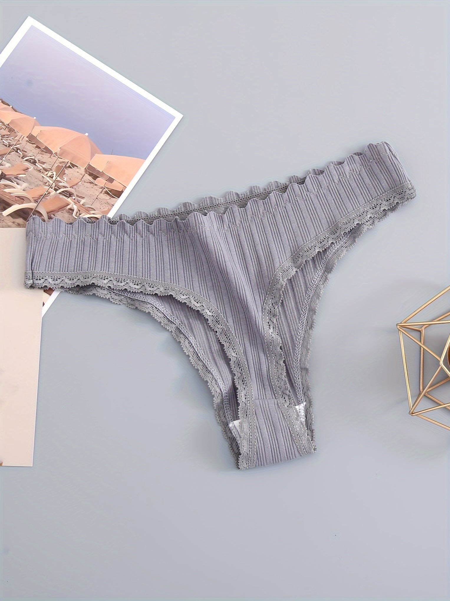 Women's Floral Lace Trim Thongs Low Waist Panties with Scallop Edge Set