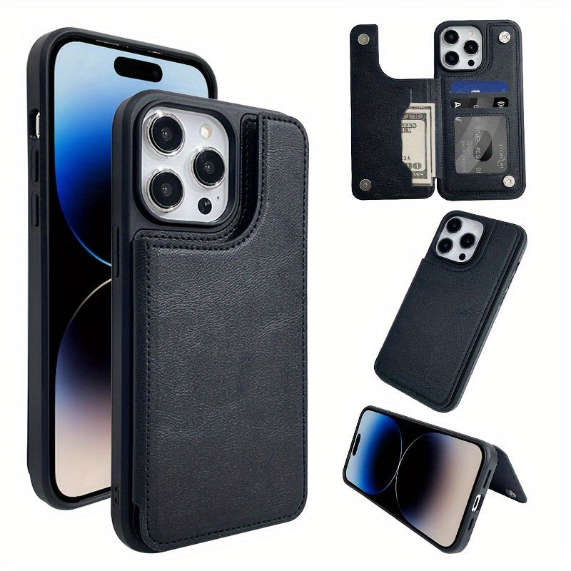Faux Leather Phone Case with Card Wallet Magnetic Button for iPhone Models