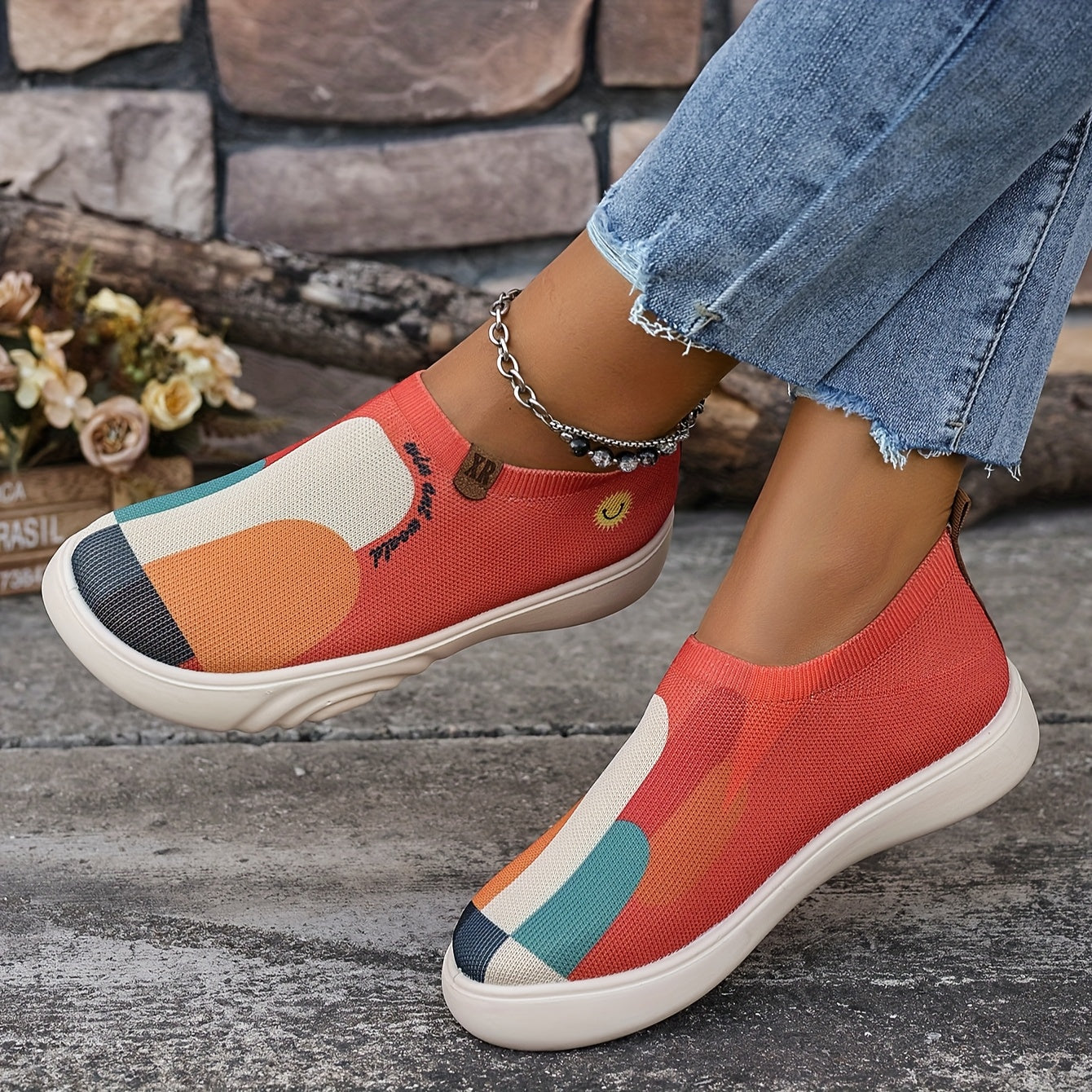 Women's Slip-On Sneakers with Colorful Block Heel Casual Shoes