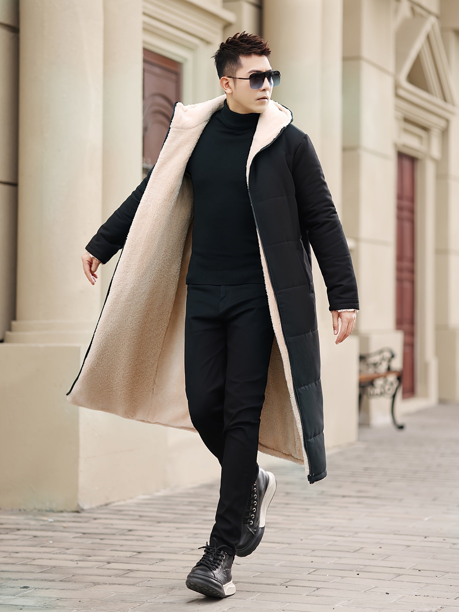 Men's Reversible Hooded Long Coat Polyester Fleece Solid Color Loose Fit Zipper Closure