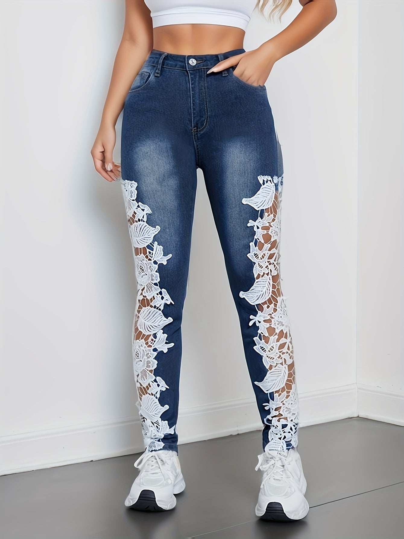 Women's Slim Fit Denim Pants with Lace Contrast Hollow Out Design for Casual Wear