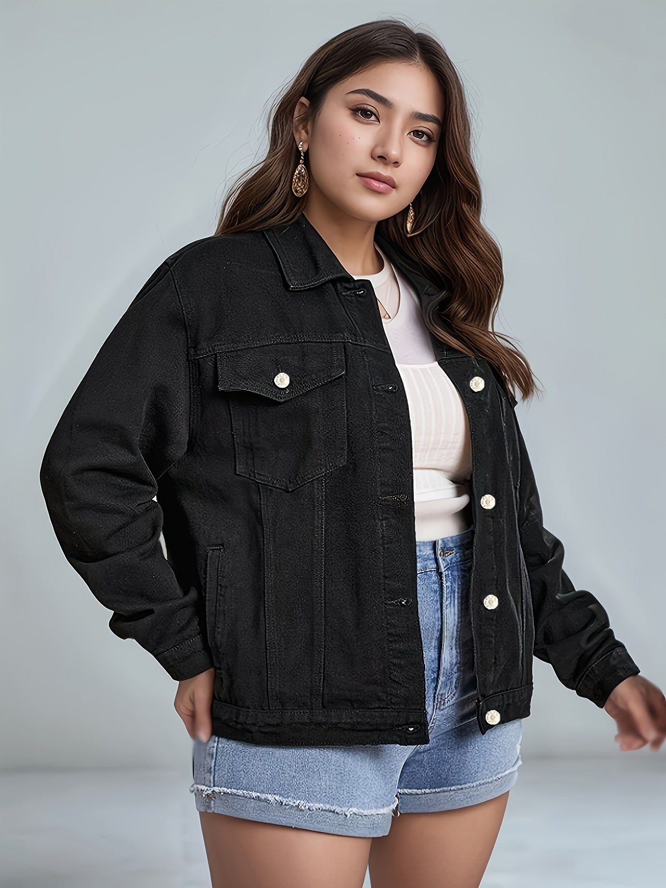 Women's Plus Size Denim Jacket Long Sleeve Black Casual Spring Outerwear