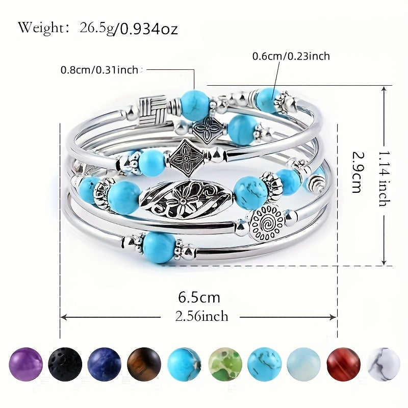 Bohemian Style Multi-Layered Crystal Bracelet with Turquoise Tiger's Eye Stones