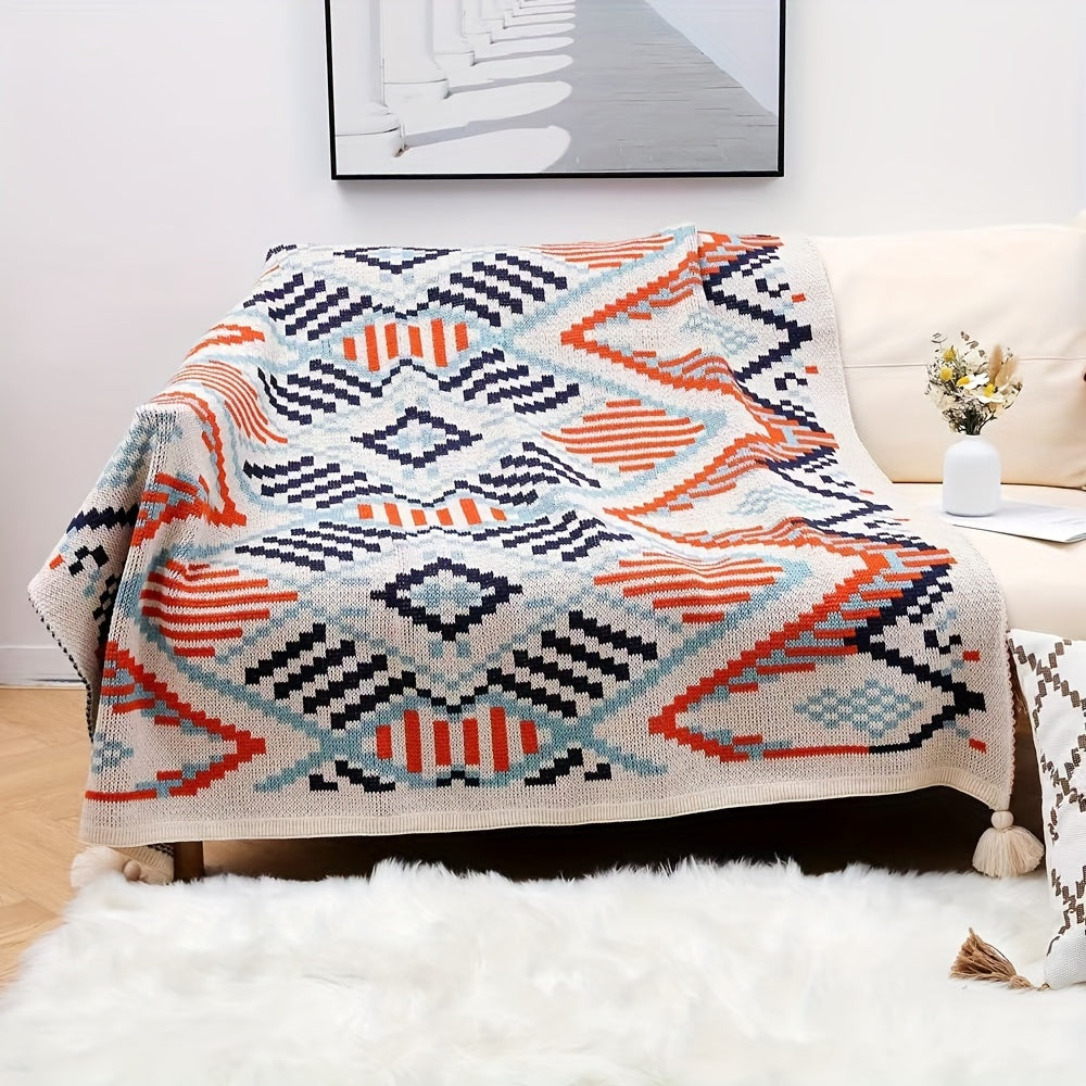 Bohemian Geometric Pattern Blanket with Tassels for Couch or Bed