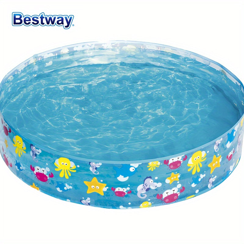 Bestway portativ shishiriladigan basseyn, dengiz hayotiga mo'ljallangan dizayn, mustahkam PVC, oson to'ldirish va bo'shatish, qiziqarli suv o'yinlari uchun.