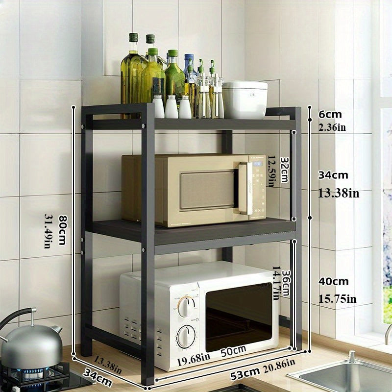 Stainless Steel Kitchen Storage Rack with 2 Tiers and Solid Wood Shelf for Microwave and Spices