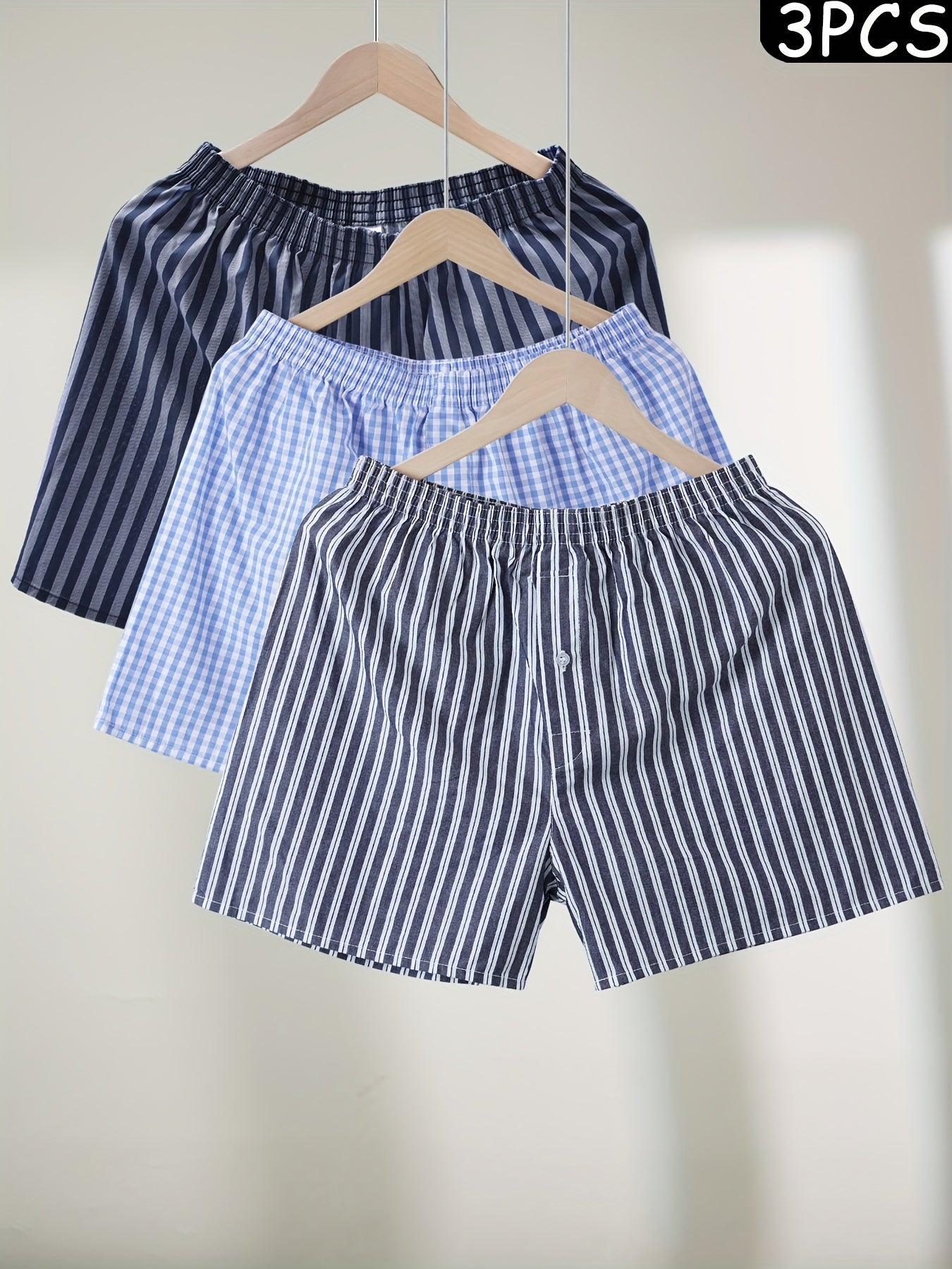 Men's Cotton Boxer Shorts 3 Pack Elastic Waistband Pockets Striped Plaid