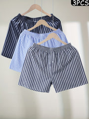 Men's Cotton Boxer Shorts 3 Pack Elastic Waistband Pockets Striped Plaid