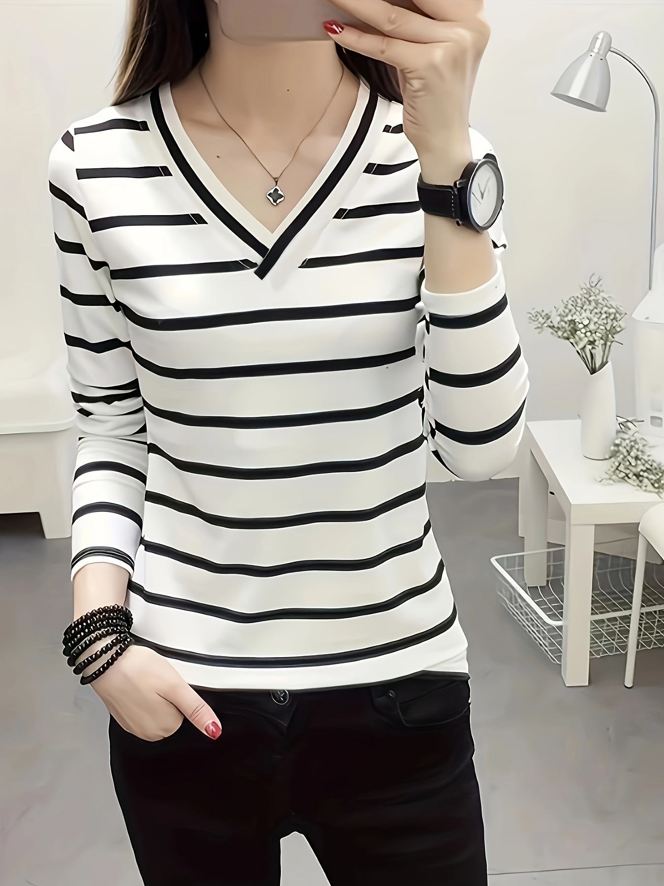 Women's Striped V Neck Long Sleeve T-Shirt Polyester Spring Fall Casual