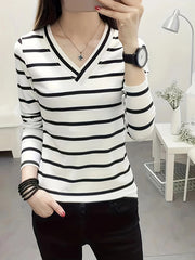 Women's Striped V Neck Long Sleeve T-Shirt Polyester Spring Fall Casual