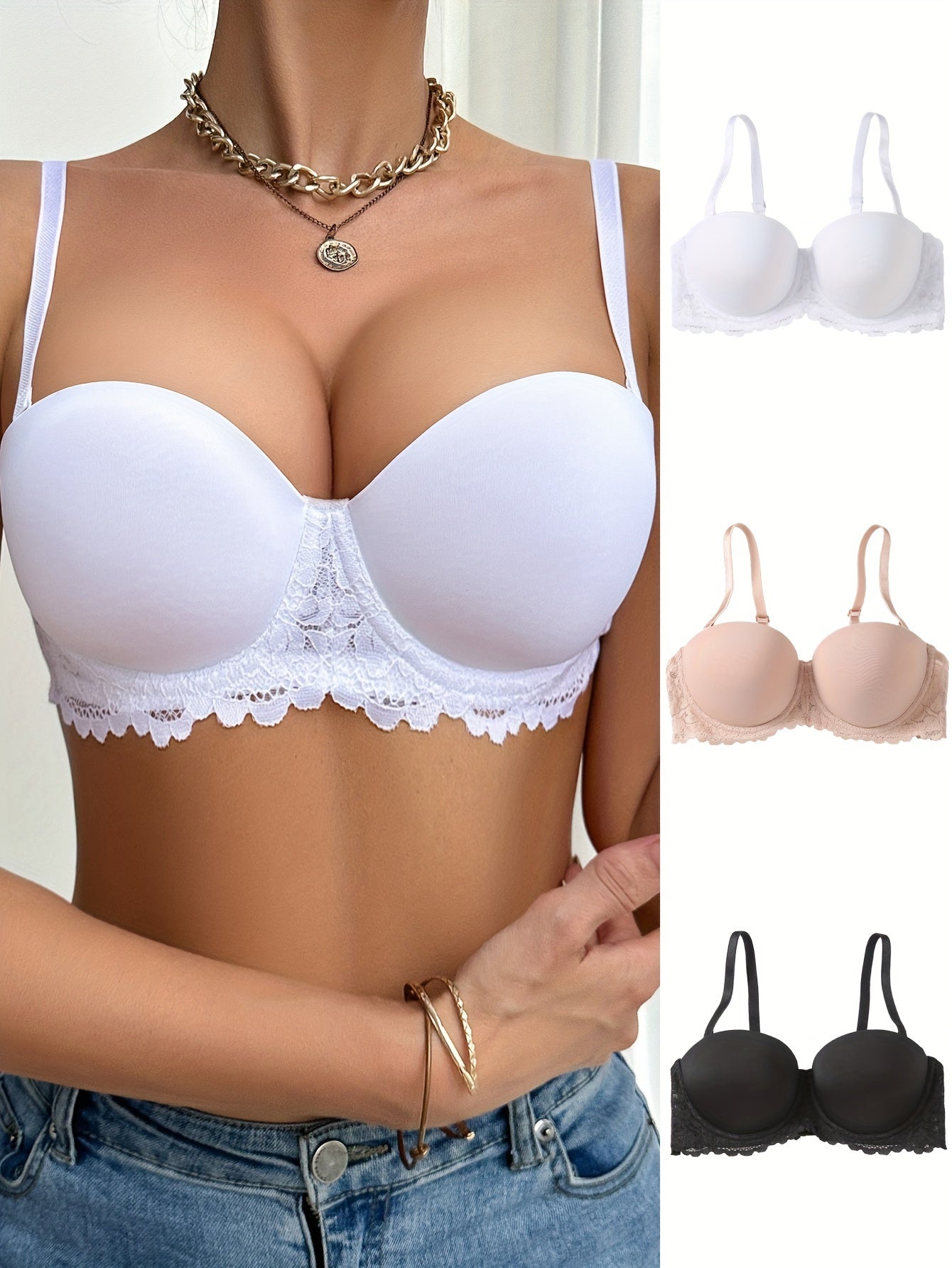 Women’s Lace Balconette Bras with Push-Up Support, Breathable and Comfortable