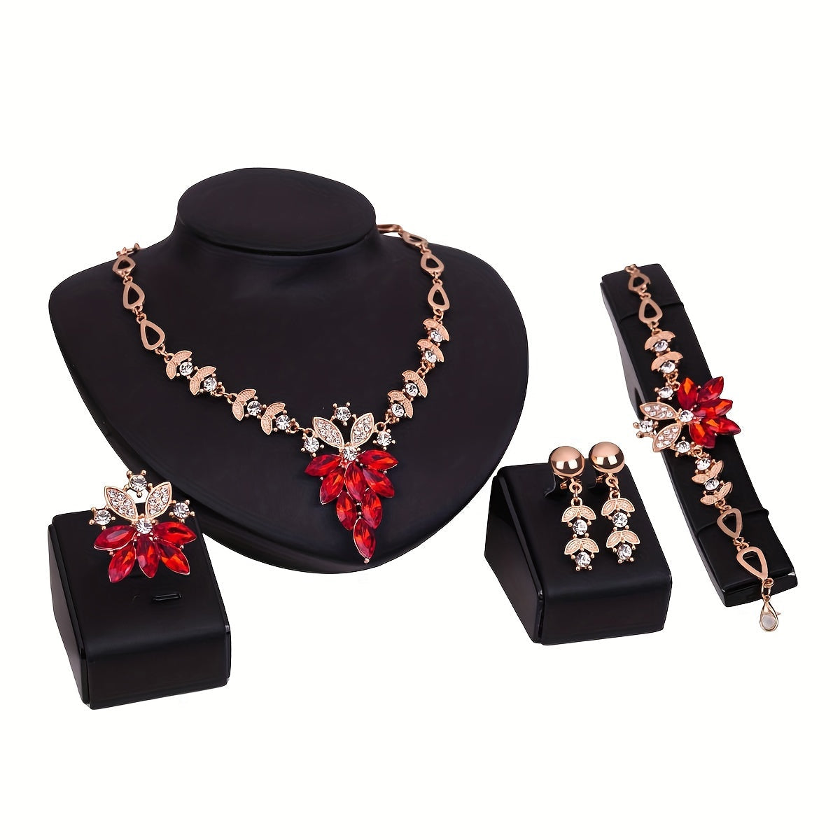 Jewelry Set with Flower Design Earrings Necklace Bracelet Ring White and Scarlet Zirconia