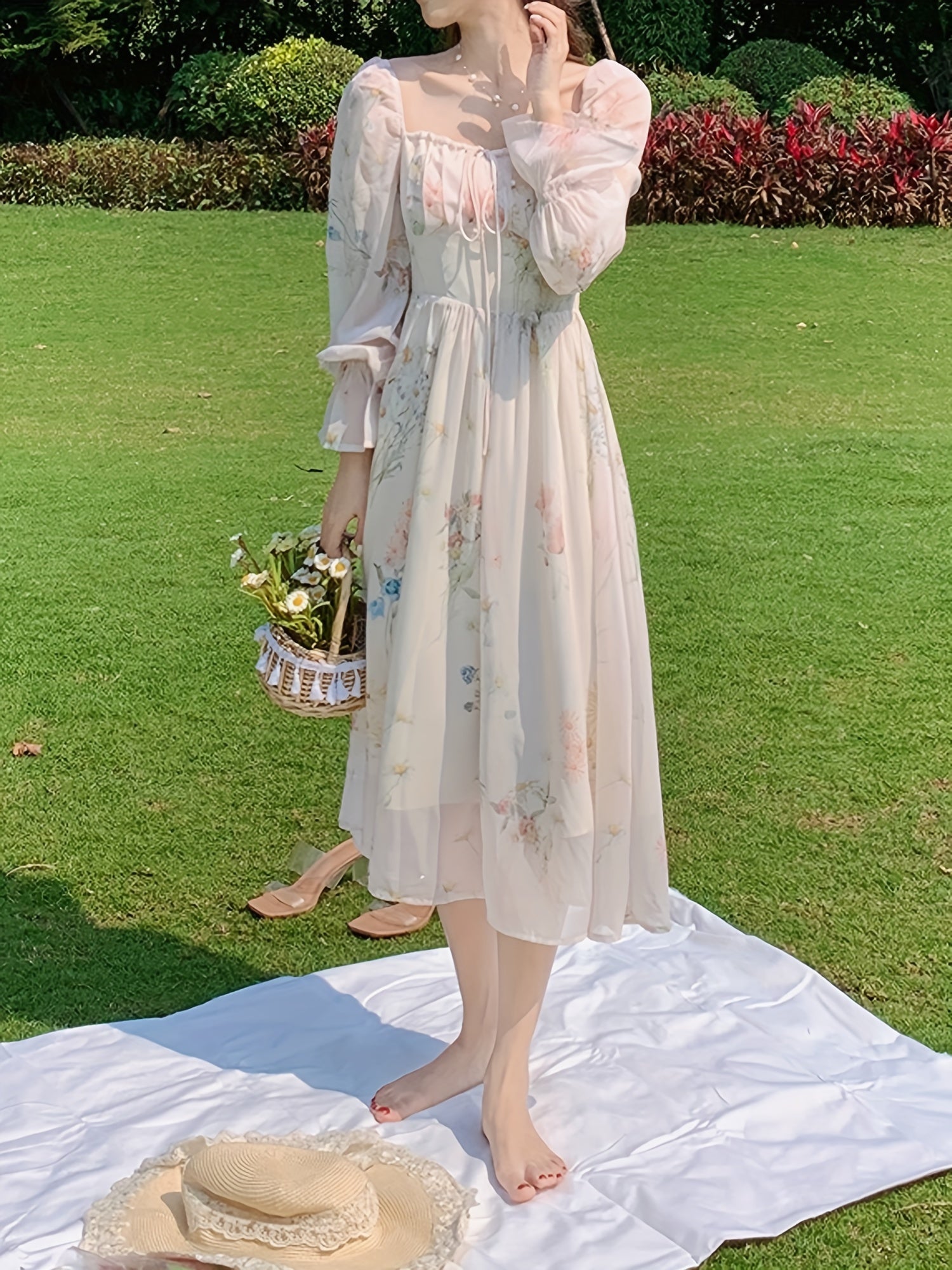 Gul naqshli chiffon materialidan tayyorlangan, qo'ltiq qismi keng midi ko'ylak - barcha fasllar uchun mukammal.