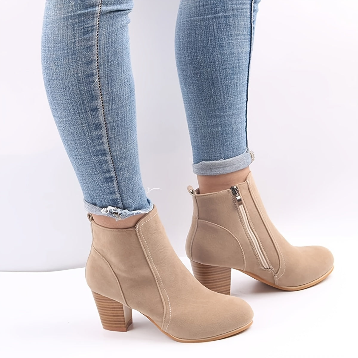 Women's Winter Ankle Boots Beige Fabric Side Zipper Chunky Heel
