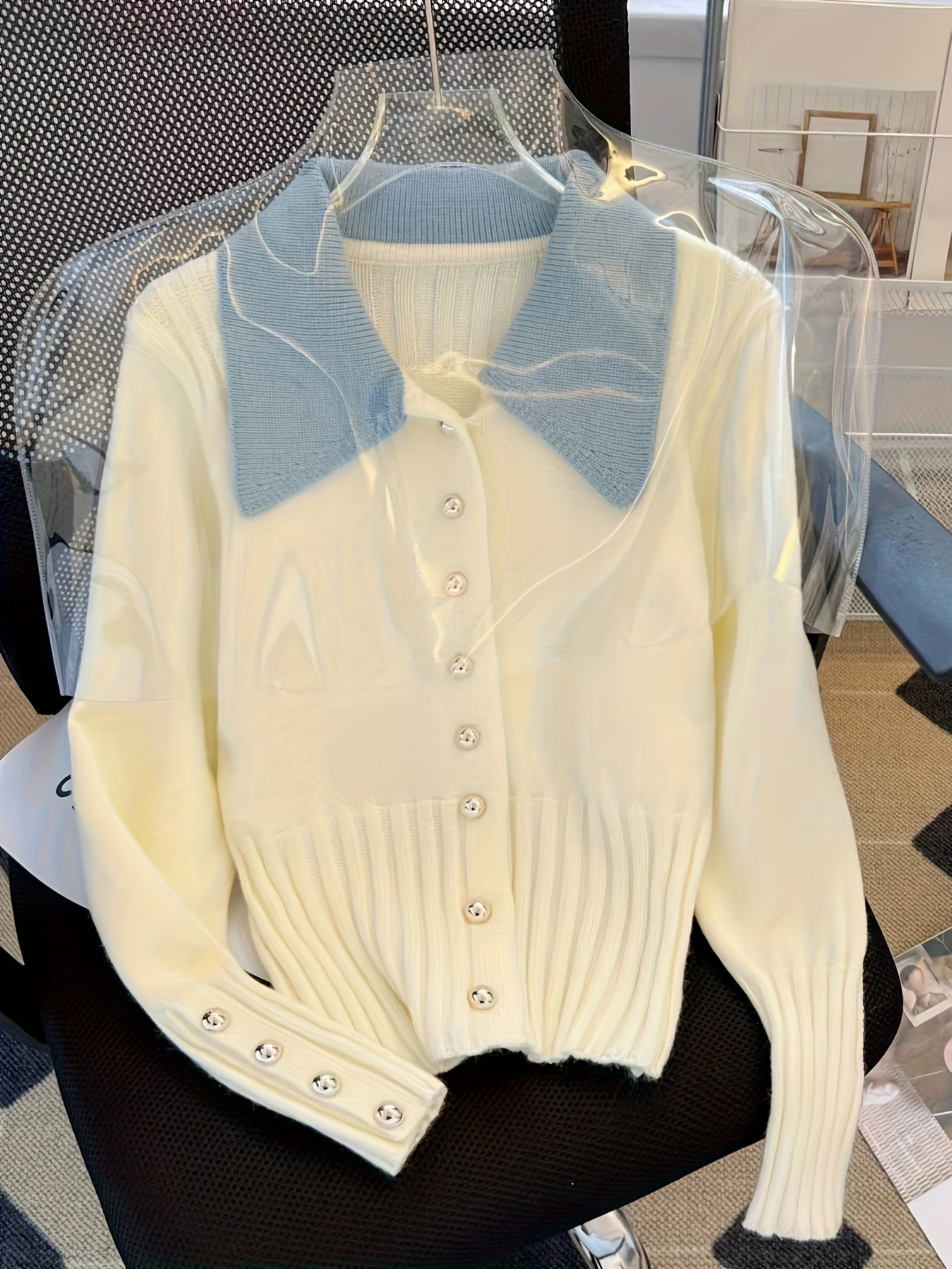 Cárdigan de punto con bloques de color para mujer, poliéster, alto estiramiento, otoño e invierno, elegante