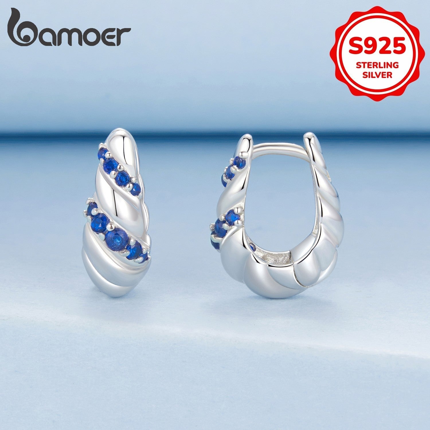 Sterling Silver Hoop Earrings Blue Twisted Design Synthetic Zirconia for Party or Daily Wear