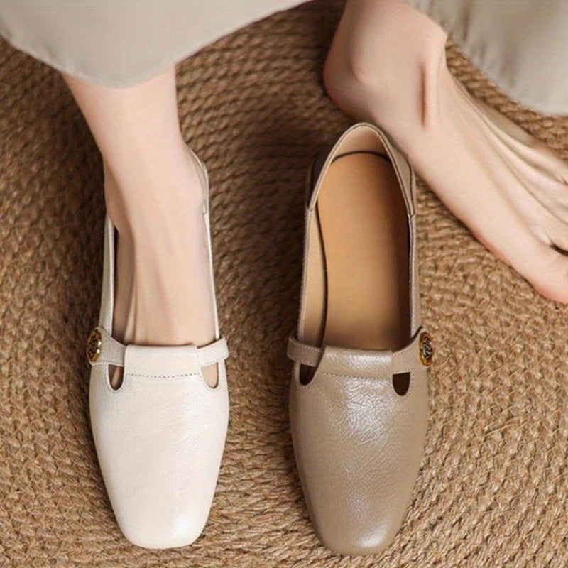 Women’s Beige Faux Leather Loafers with Block Heel and Decorative Button