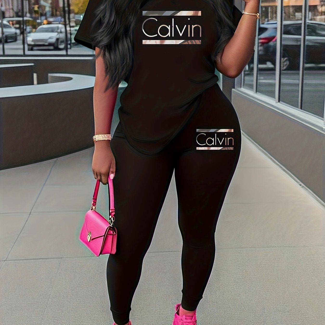 Women's Sportswear Set Slim Fit Short Sleeve Top and Trousers Polyester Large Size Four Seasons