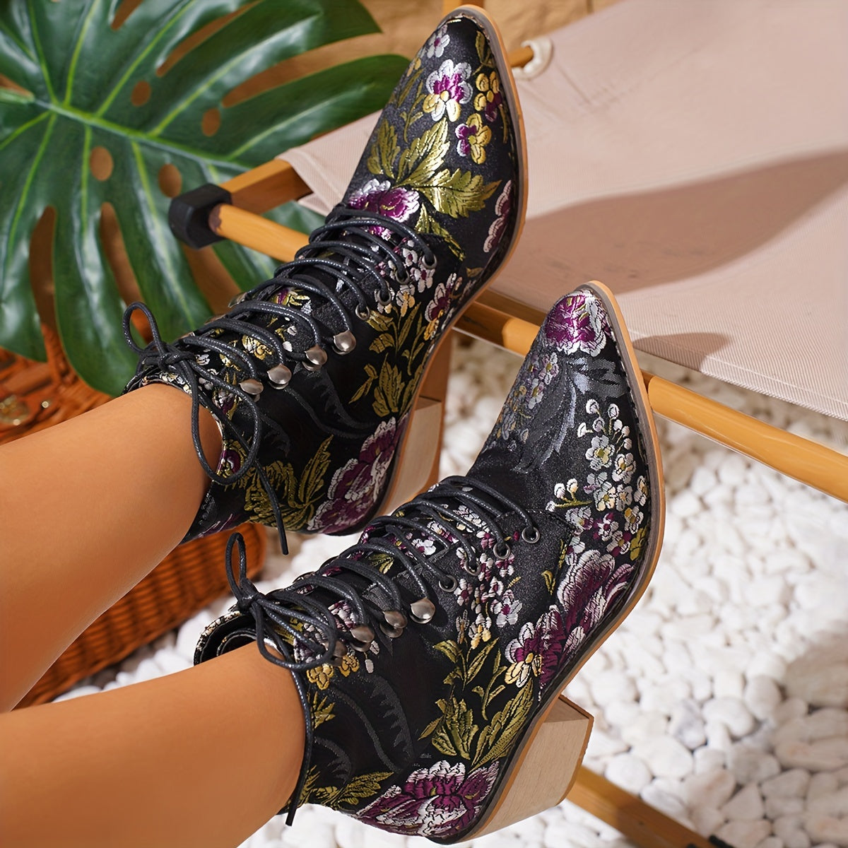 Women's Embroidered Floral Studded Pointed Toe Lace-Up Ankle Boots