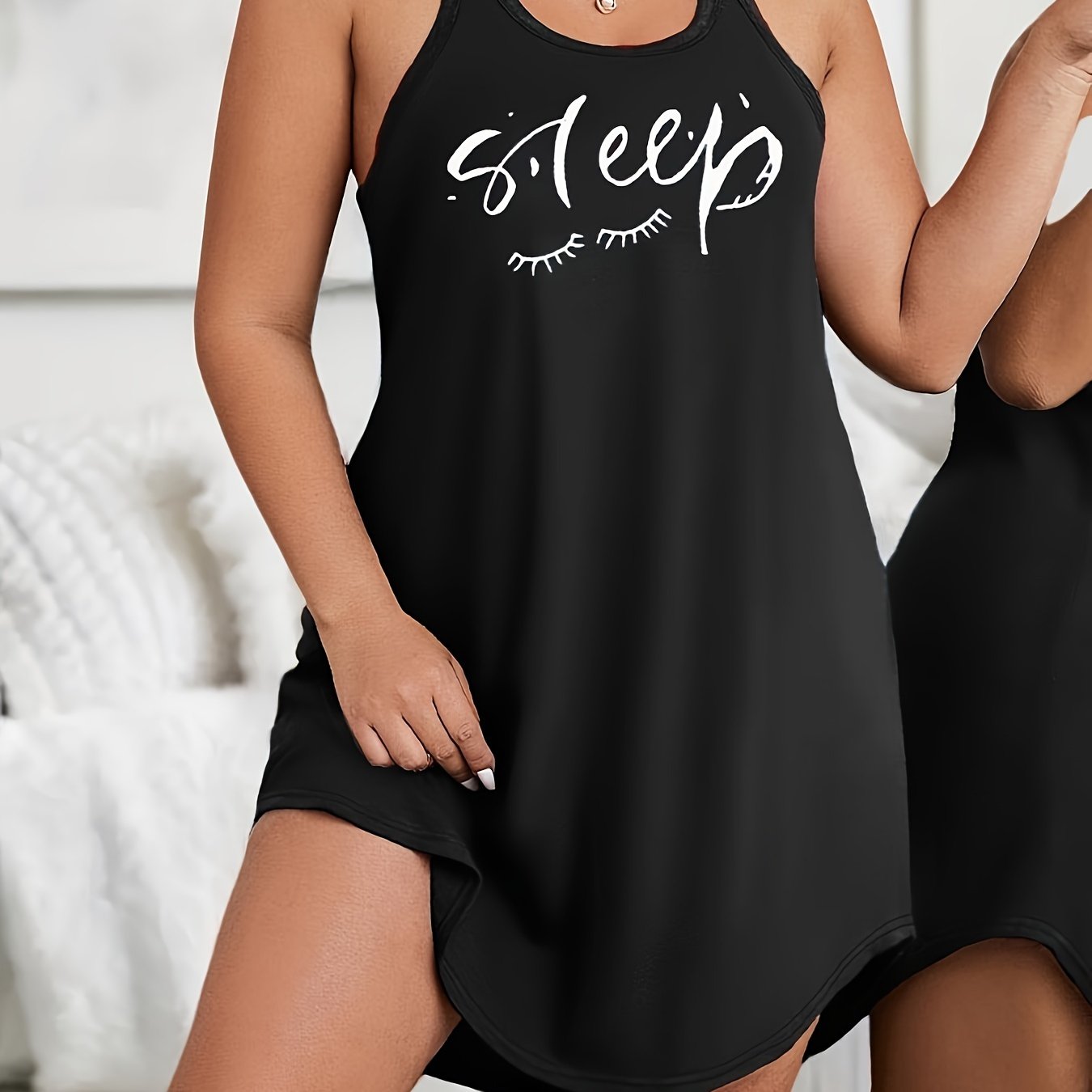 Plus Size Loungewear Dress with Scoop Neck Racer Back Eyelash and Letter Print