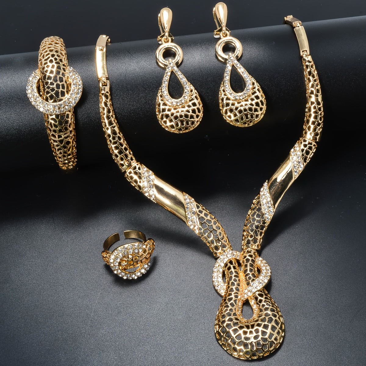 Gold Tone Geometric Jewelry Set with Necklace Bracelet Earrings and Ring for Weddings and Parties