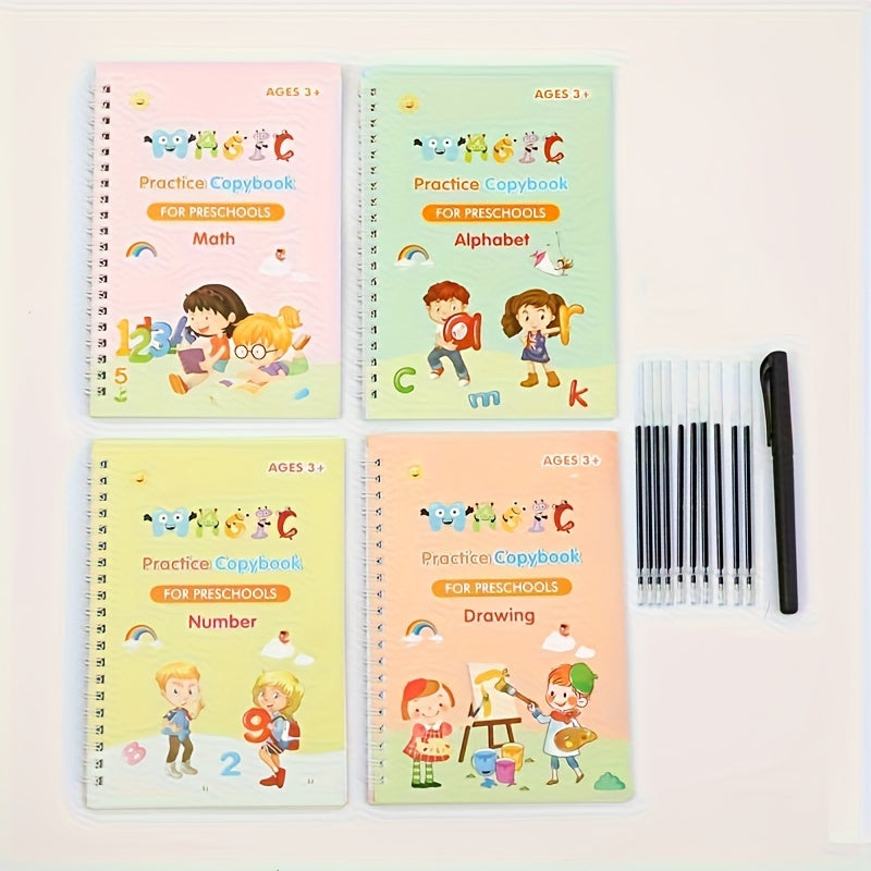 English Handwriting Practice Workbooks for Kids with Grooved Pages and Stickers, Educational Notebook Set