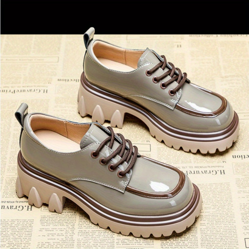 Women's Chunky Heel Loafers White Brown Casual Shoes Thick Sole