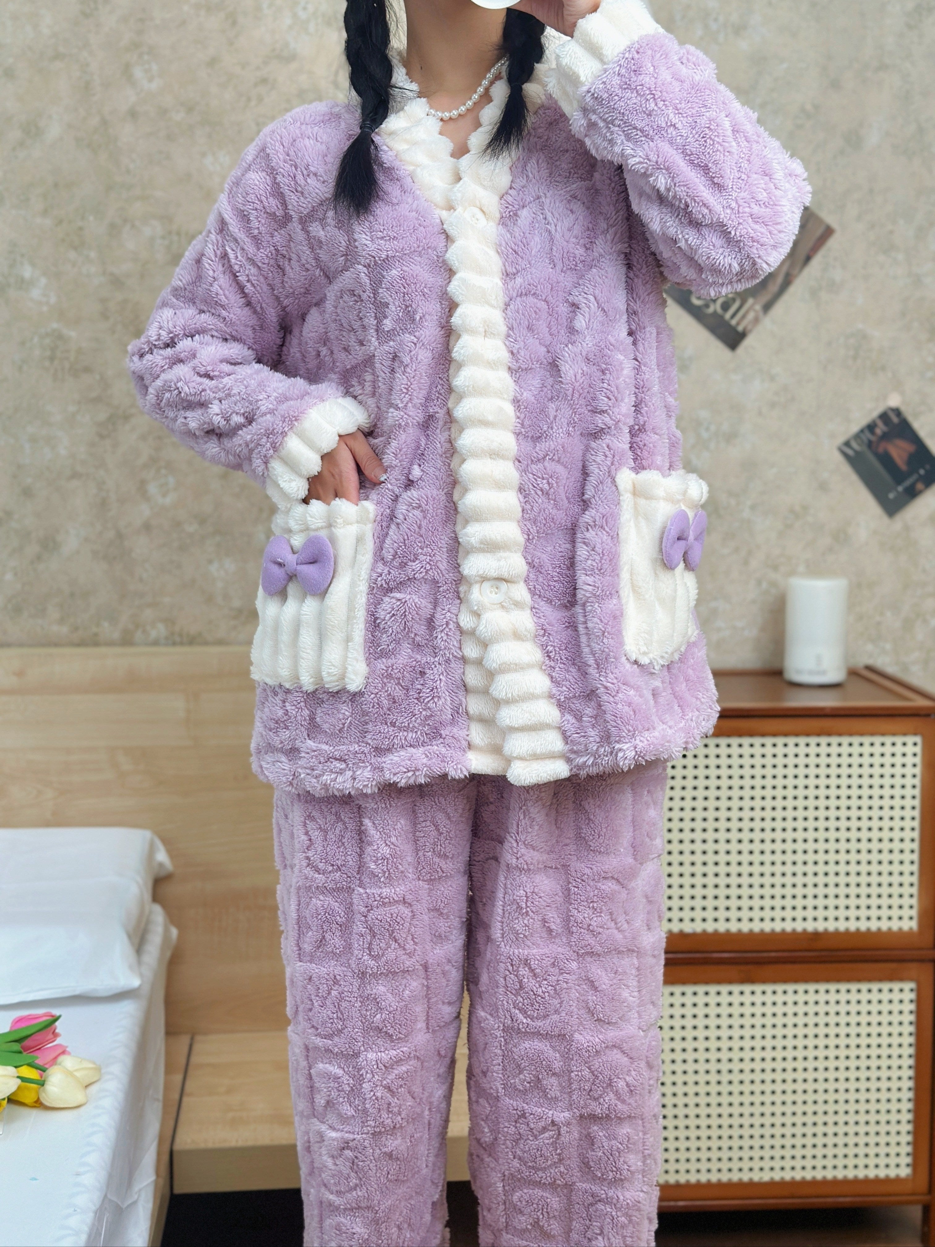 Women's V-Neck Jacquard Fleece Pajama Set with Rabbit Pattern and Bow for Fall Winter Sleepwear