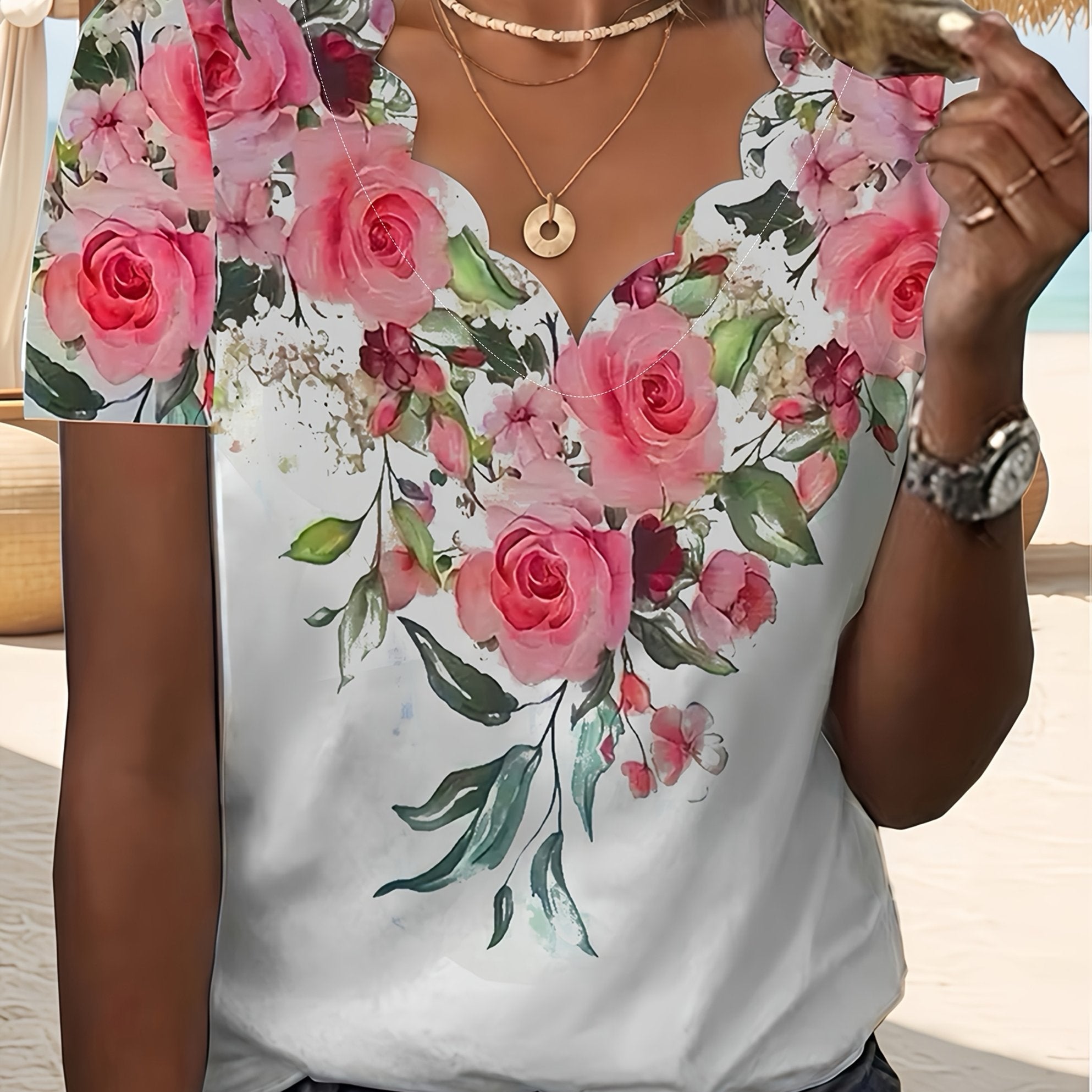 Camiseta de mujer con cuello en V y estampado floral para verano, manga corta, talla grande, poliéster