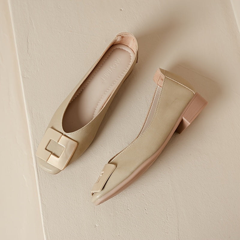 Women's Black Chunky Heel Pumps with Metallic Buckle Square Toe Work Shoes