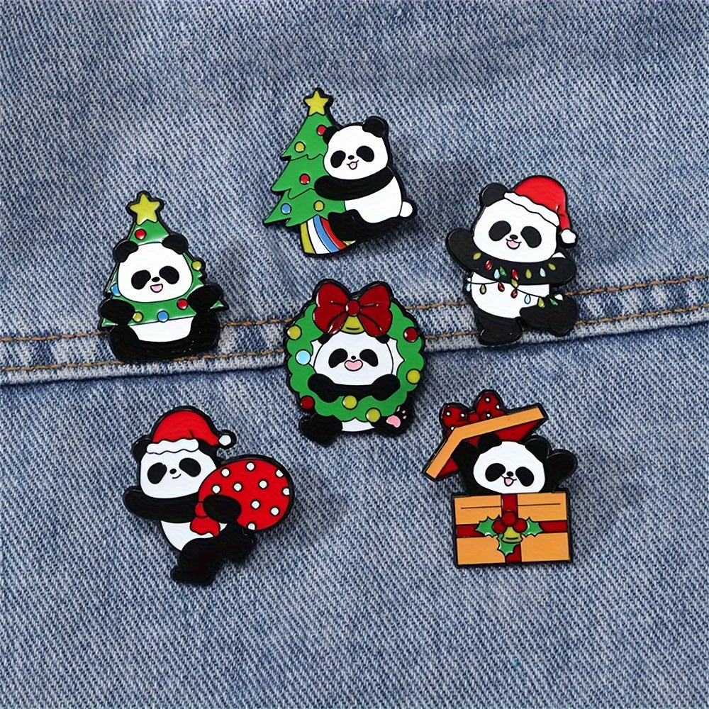 6 ta Cartoon Panda Enamel Pins to'plami, Rojdestvo ta'tili uchun dekorativ yelka belgilari, sumkalar va kiyimlar uchun