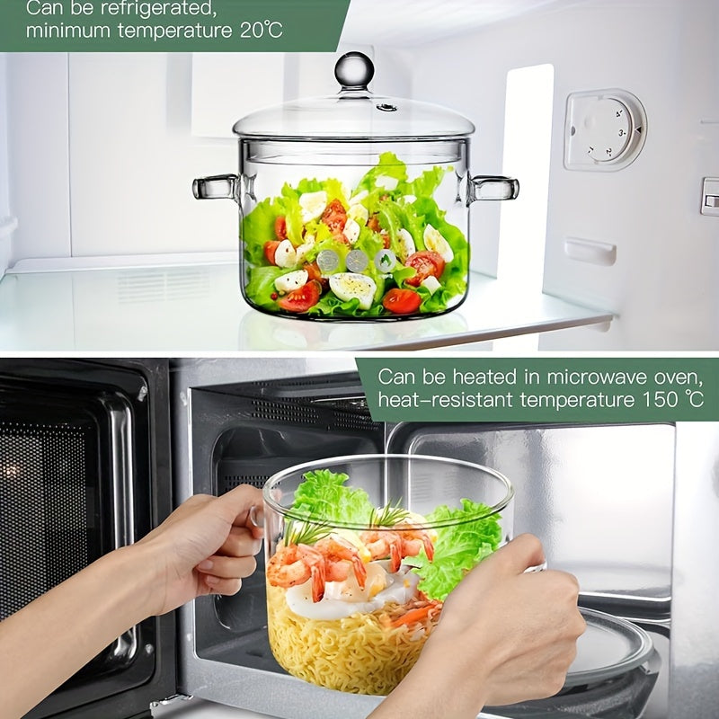 1.5L Borosilikat shisha qozon, qopqog' bilan, sho'rva, makaron, nudul uchun issiqlikka chidamli