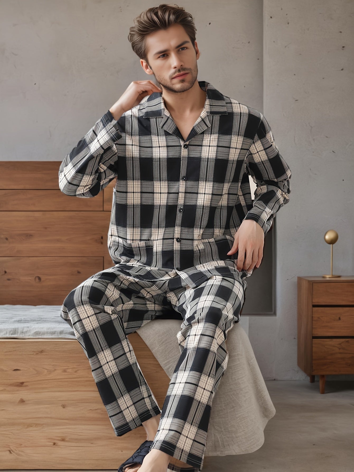 Men's Plaid Pajama Set Long Sleeve Lapel Collar Casual Spring Fall Polyester Elastane