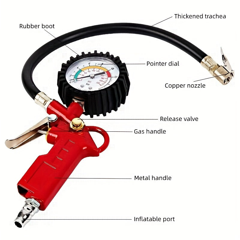 Universal Tire Pressure Gauge Inflator with Rubber Hose and Pressure Measuring