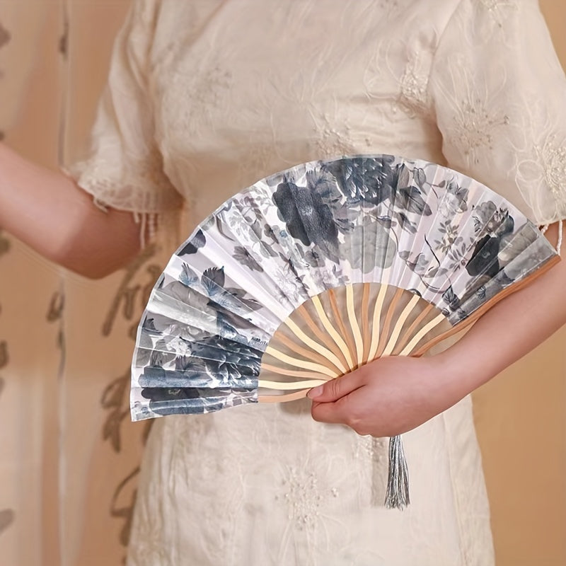 Vintage Chinese Style Folding Fan with Ink-Wash Floral Design Portable Handheld Summer Fan