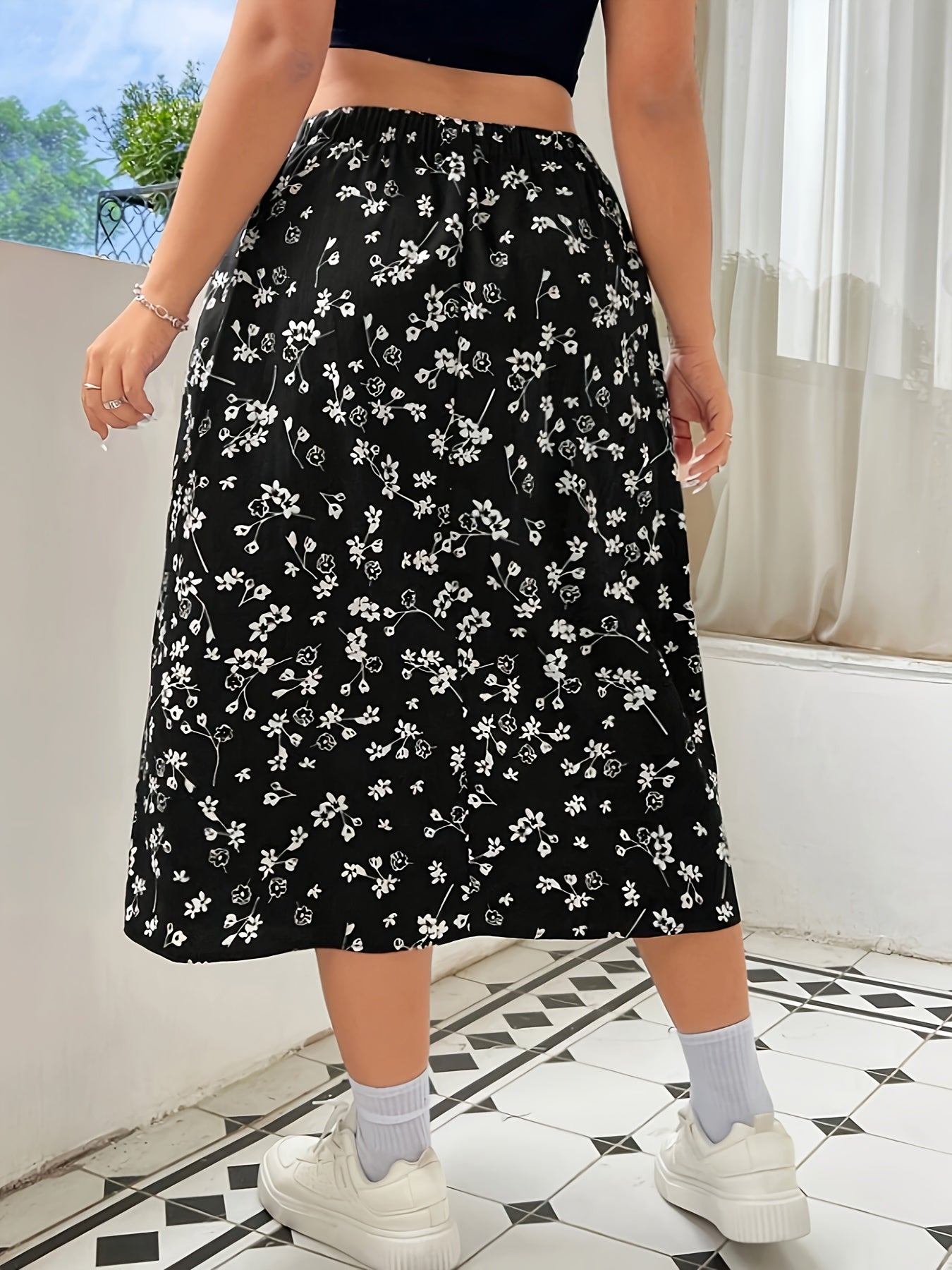 Women's Plus Size Floral Print Midi Skirt Black White High Slit Summer Casual Semi-Formal