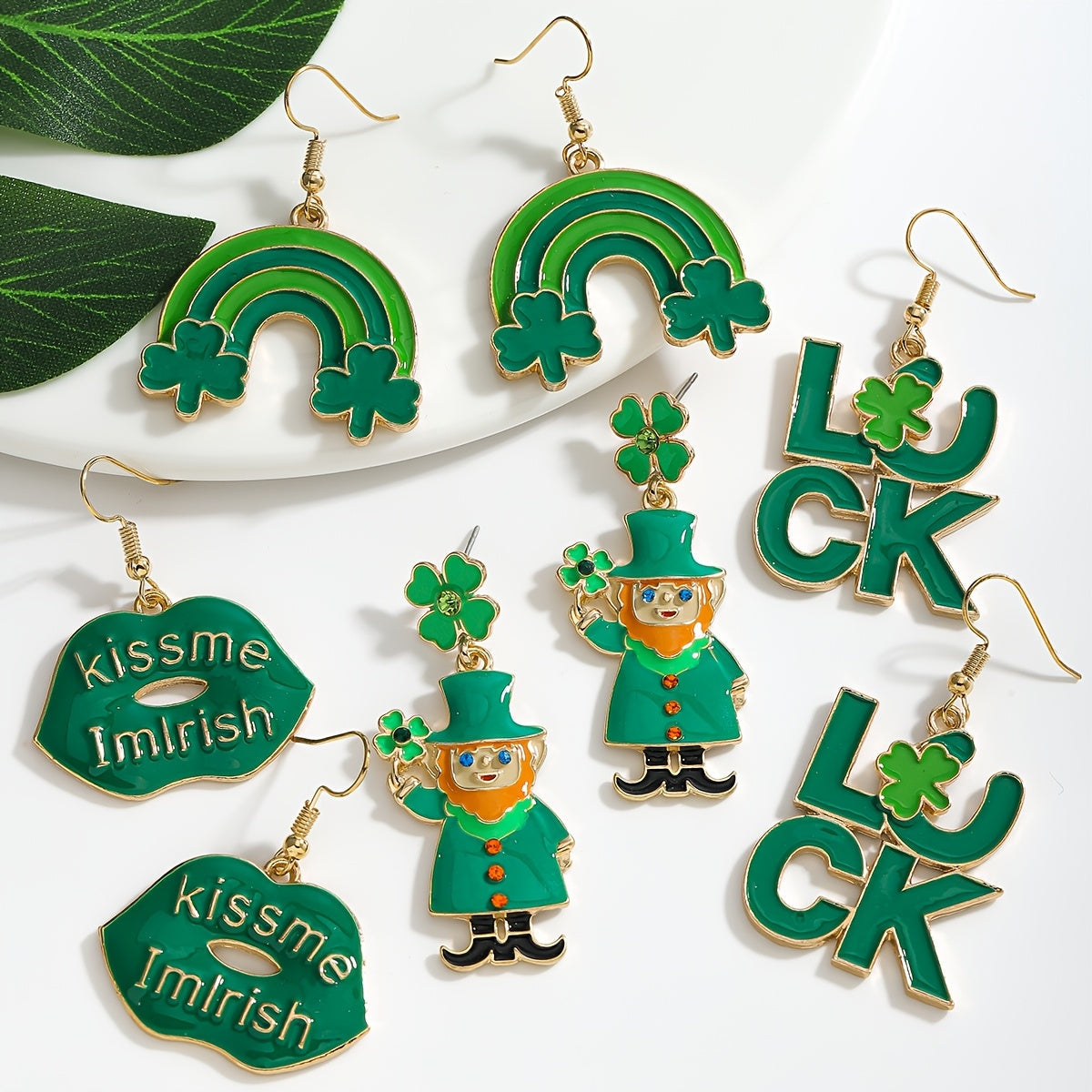 St. Patrick's Day Clover Rainbow Earrings with Rhinestones Stainless Steel Posts Green Alloy Jewelry for Her