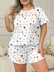 Ayollar uchun katta o'lchamli rang-barang yurak shaklidagi pizhama to'plami, shortlar va dam olish kiyimi