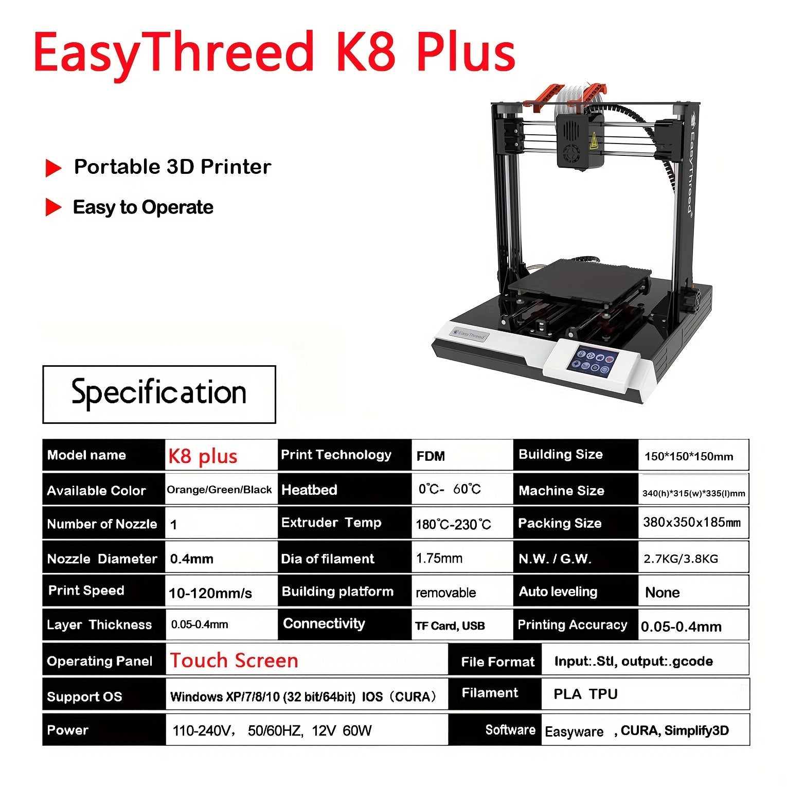 3D Printer with Heated Bed and Screen 5.9x5.9x5.9 Inches Low Noise EU Plug