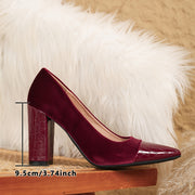 Women's Faux Leather Chunky Heel Pumps Pointed Toe Slip-Resistant Sole