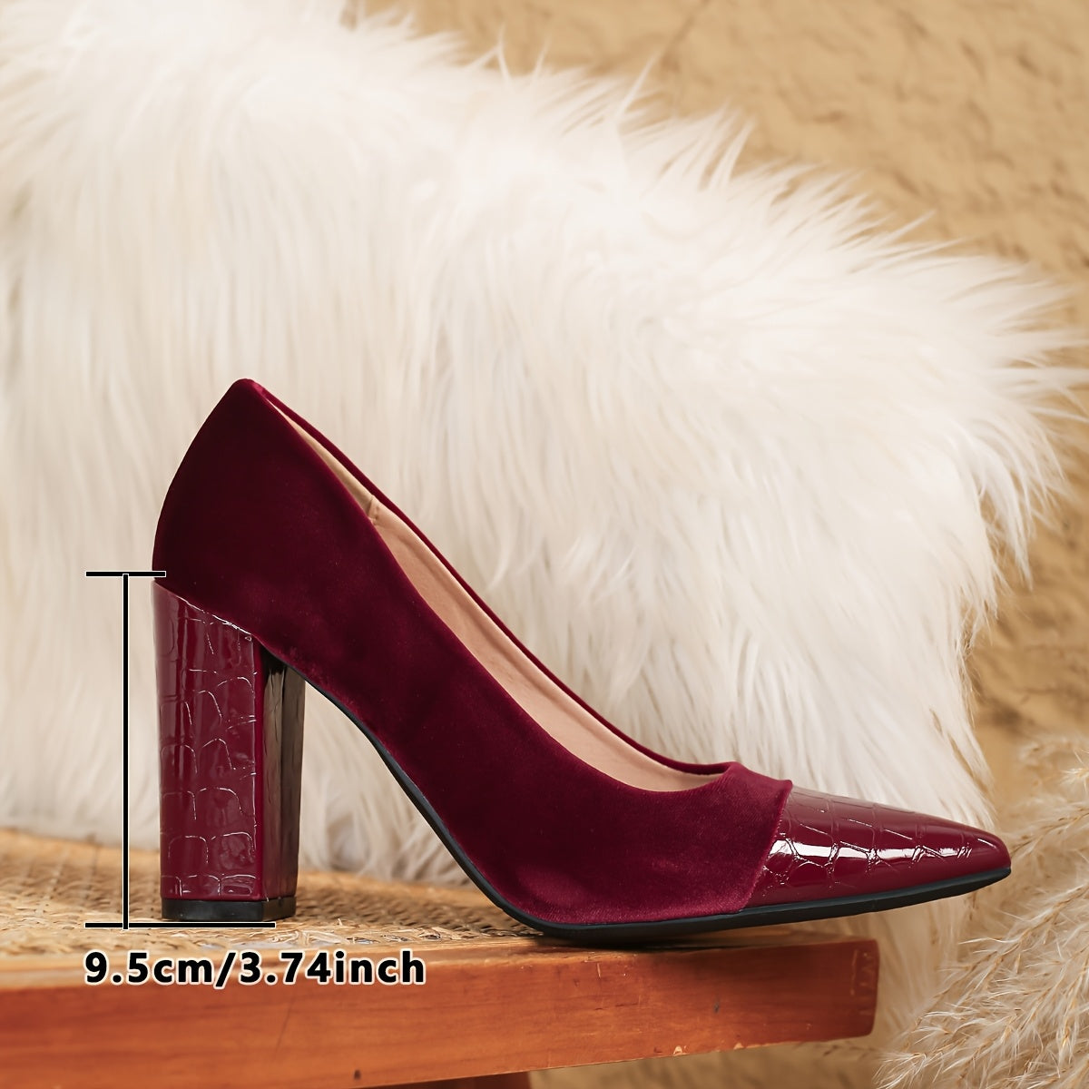Women's Faux Leather Chunky Heel Pumps Pointed Toe Slip-Resistant Sole