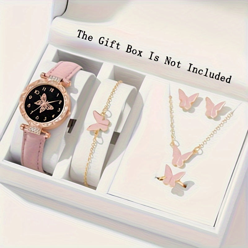 6 ta ayollar uchun Butterfly soatlari va zargarlik buyumlari to'plami, charm strap, zink alloy korpus, kvarts analog, sovg'a