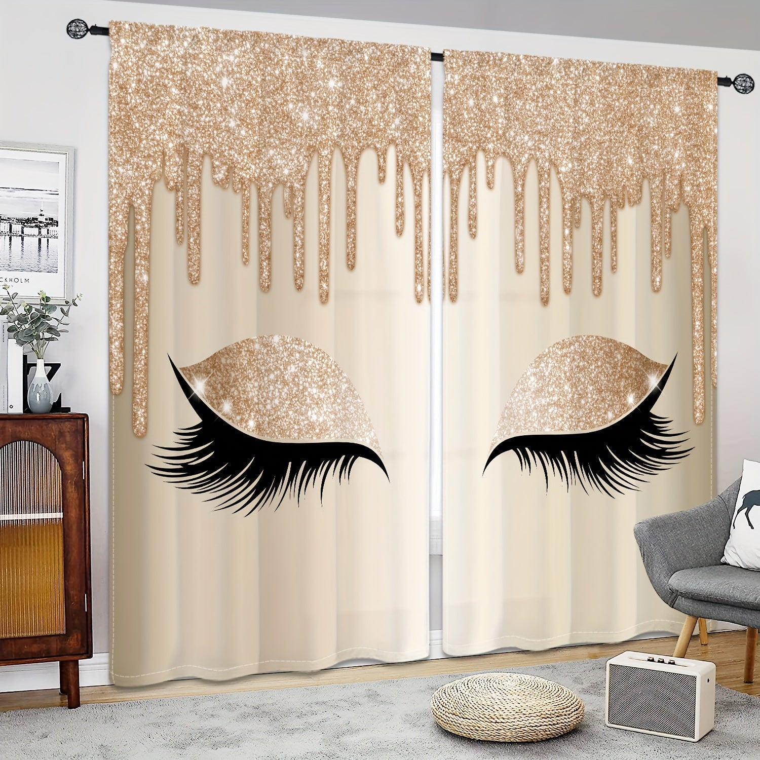 Set of Two Eyelash Printed Curtains, Rod Pocket Window Treatments for Bedroom and Living Room
