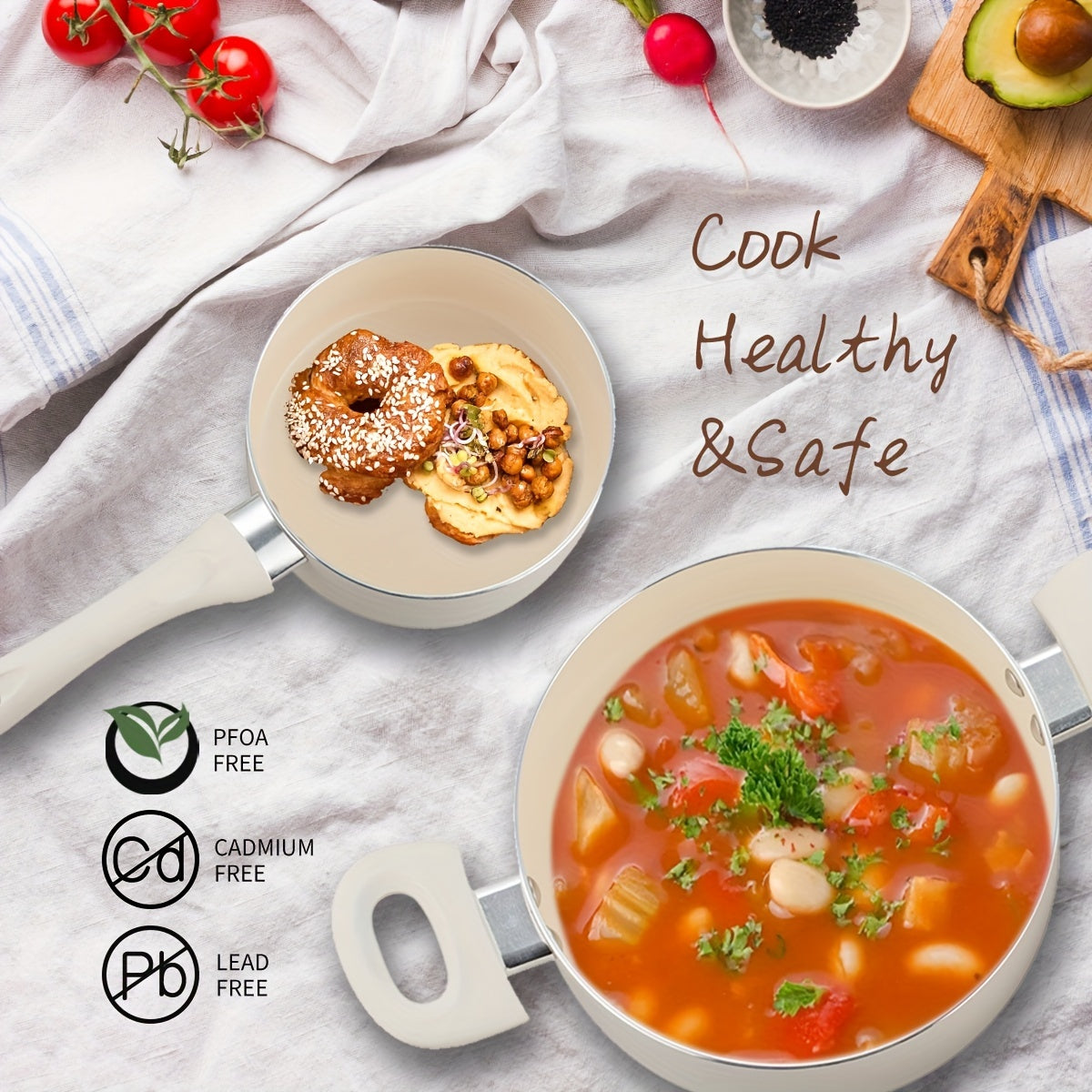 Set of 4 Aluminum Non-Stick Cookware Pieces with Lids 1.5QT and 3QT Ceramic Saucepan