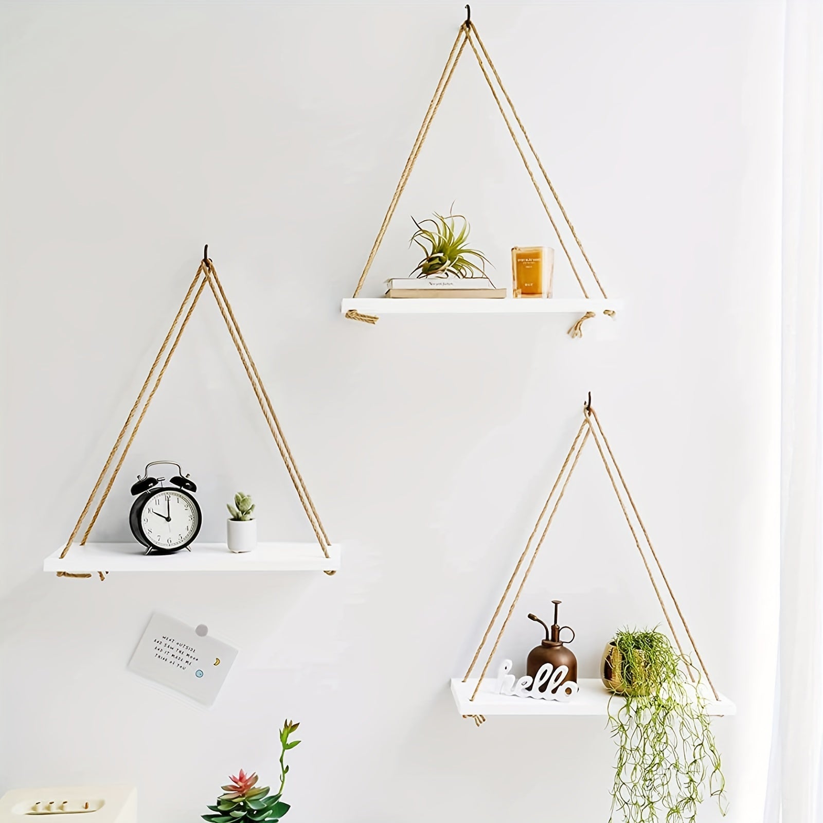 Boho Wall Shelf Set with Rustic Wood Shelves for Storage and Display