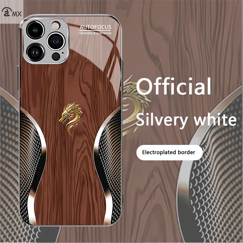 Wood Grain Dragon Pattern Phone Case for iPhone Models Tempered Glass Protective Cover