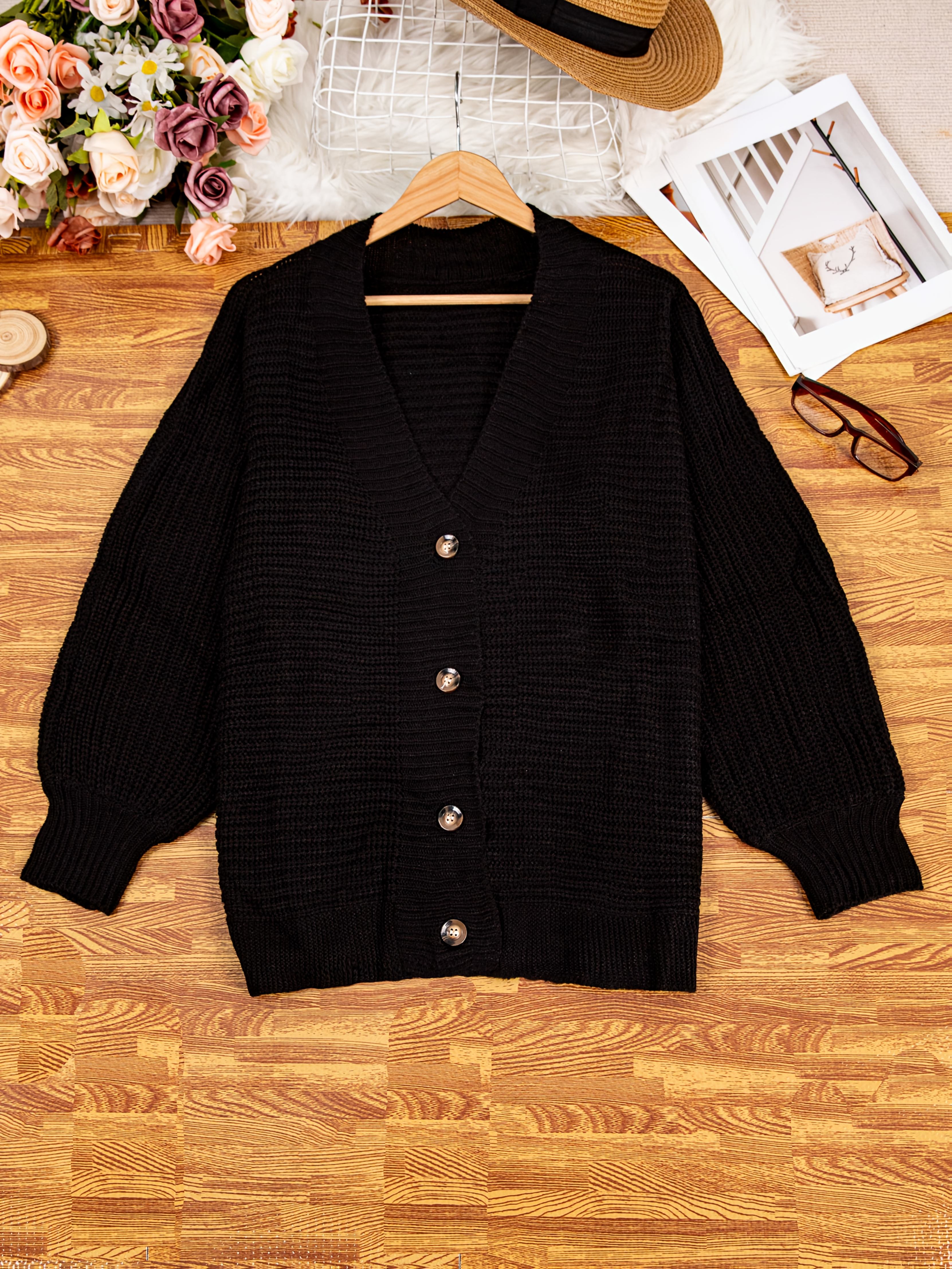 Plus Size Women Casual Loose Solid Color Button-Up Cardigan