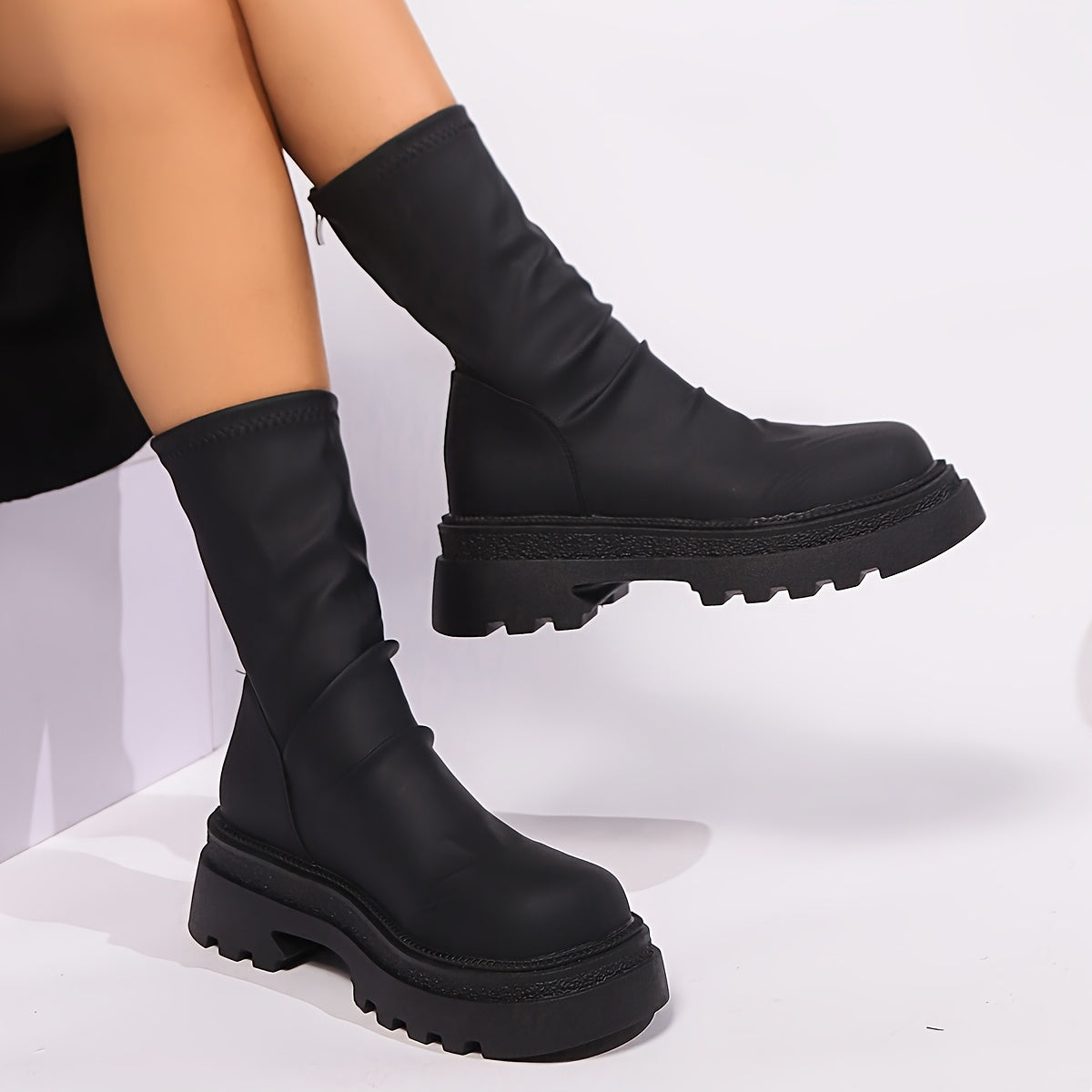 Women Chunky Platform Ankle Boots Faux Leather Cushioned Sole Black