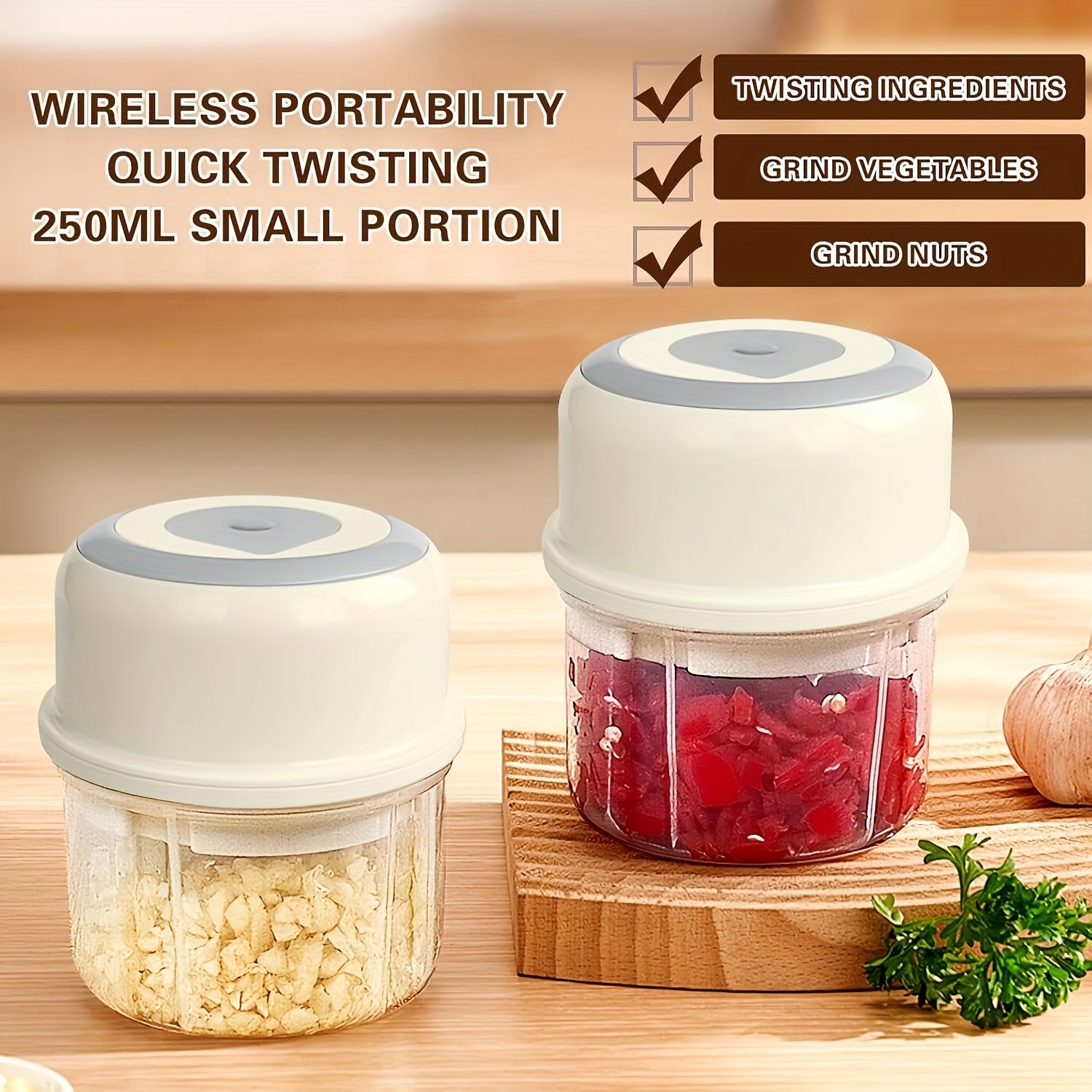 Electric Vegetable and Fruit Grinder 250ml USB Rechargeable Transparent Chamber White